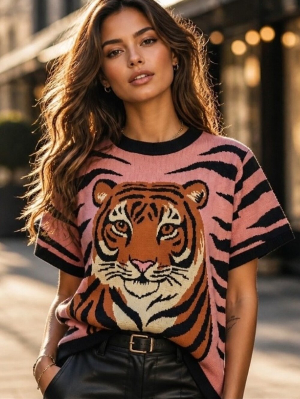 Pink Tiger-Front Knit Sweater with Black Trim